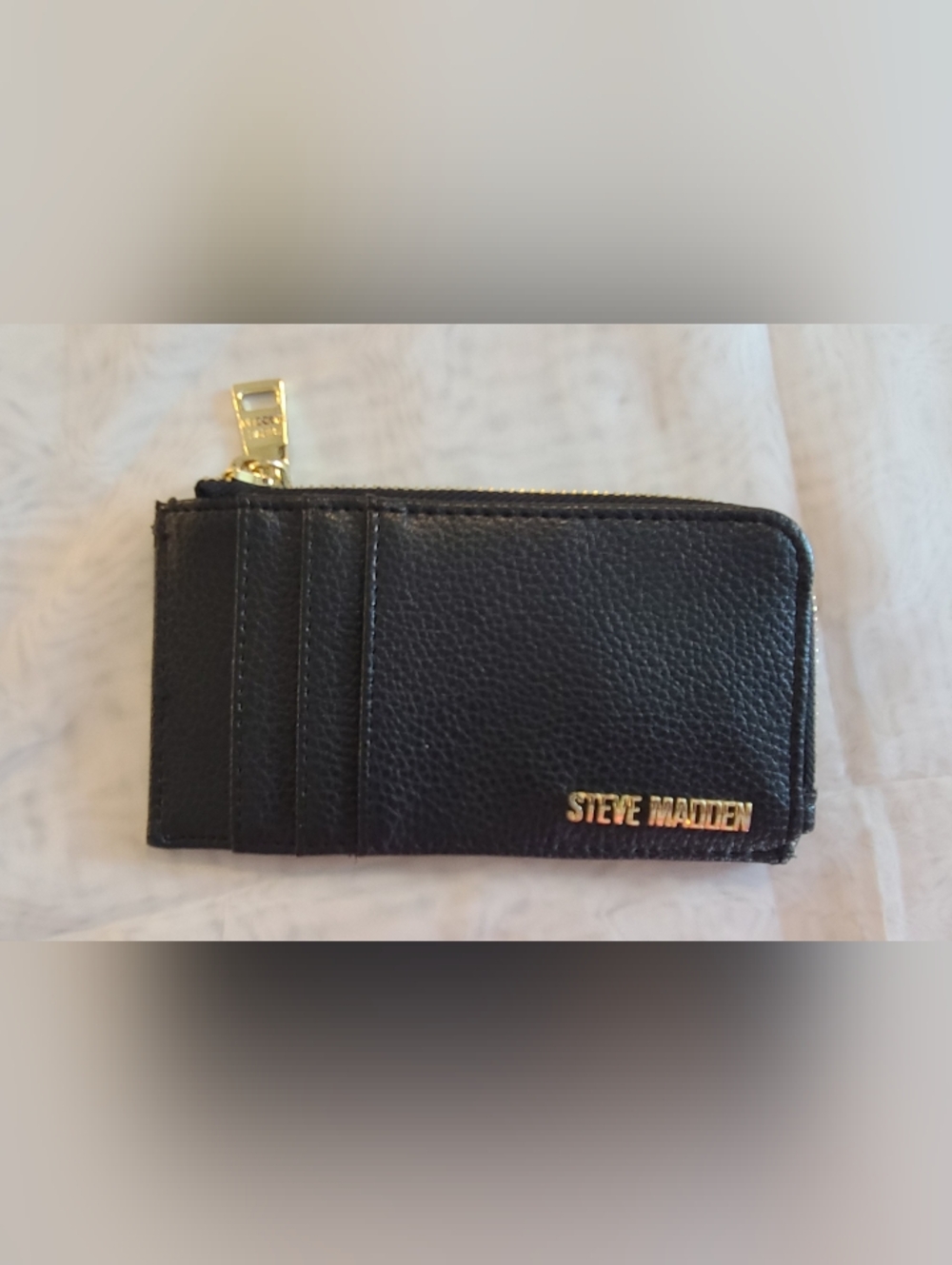 Steve Madden Black Pebbled Leather Card Holder with Gold Logo